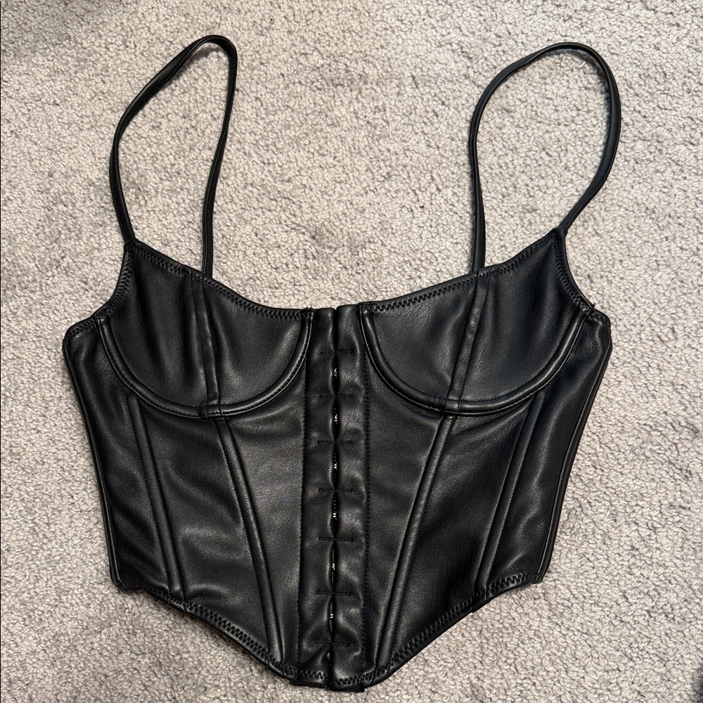 Black Faux Leather Corset Top with Spaghetti Straps xs